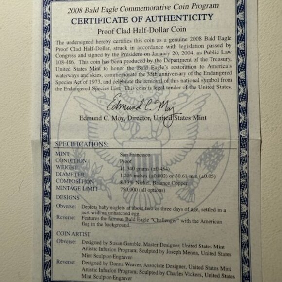 2008-S Bald Eagle Commemorative Half Dollar Proof w/COA Box - Picture 8 of 9